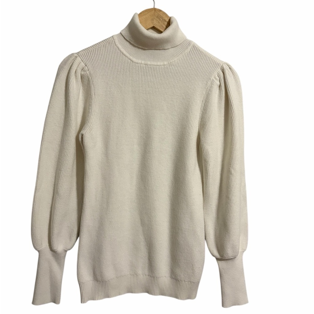 Boston Proper Cream Ribbed Turtleneck Sweater Bishop Sleeves Size Small Puff